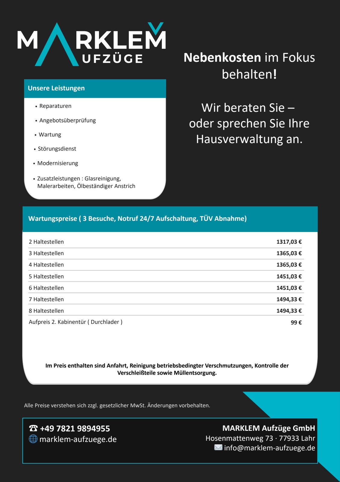 MARKLEM Preisliste 2026 – Wartungspreise nach Haltestellen und Leistungsübersicht